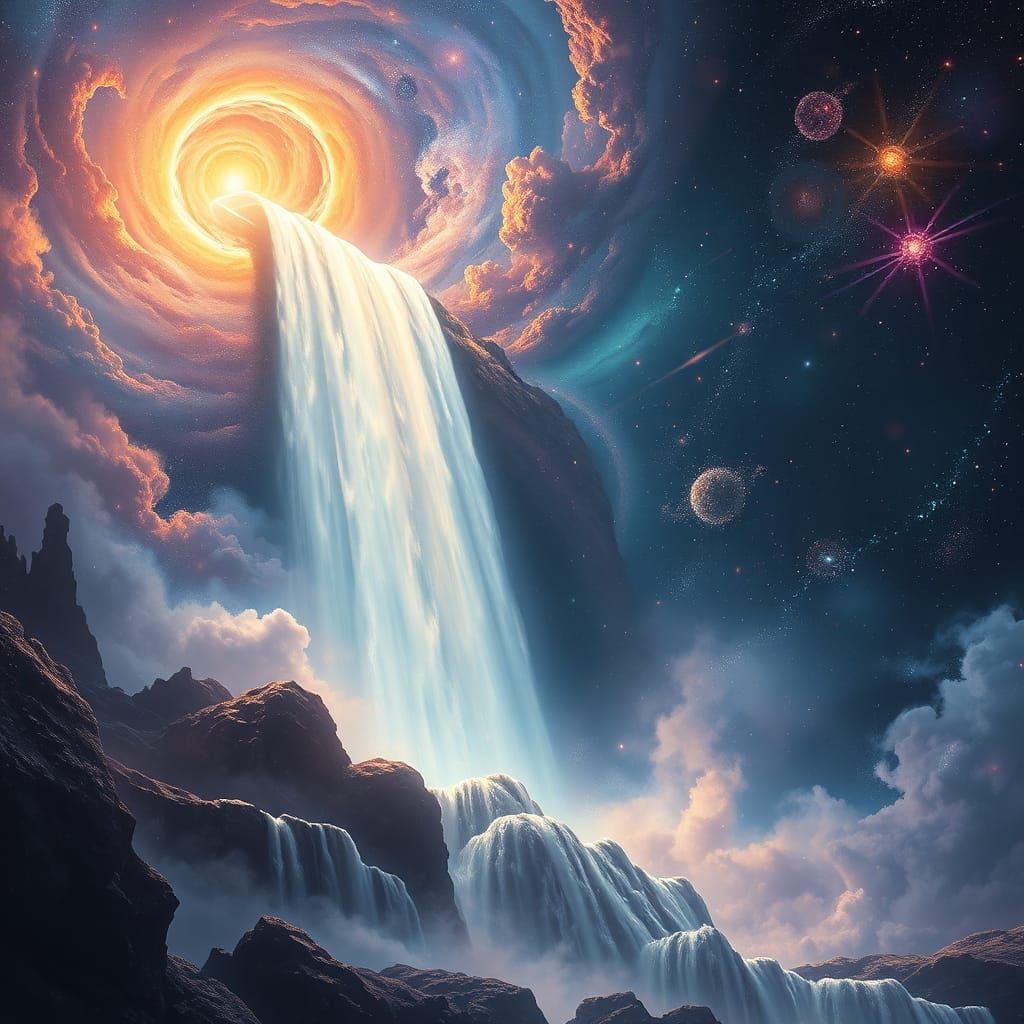 Radiant Waterfall in Space with Nebulae and Stars
