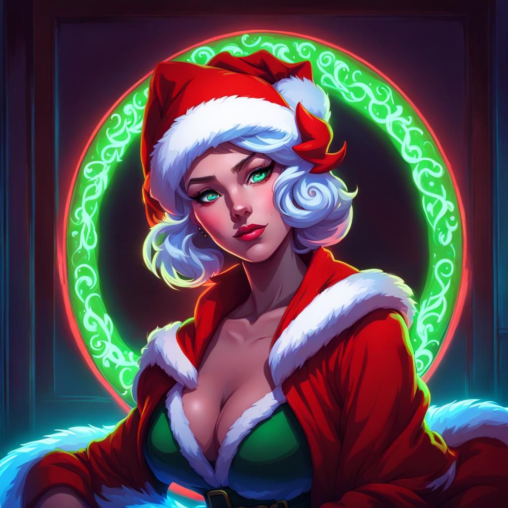 Anime Mrs. Claus Tiefling Portrait in Neon Style