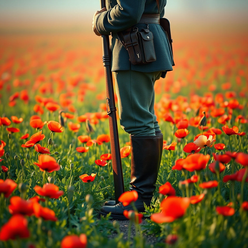 British Soldier in Poppy Field, Detailed Matte Painting