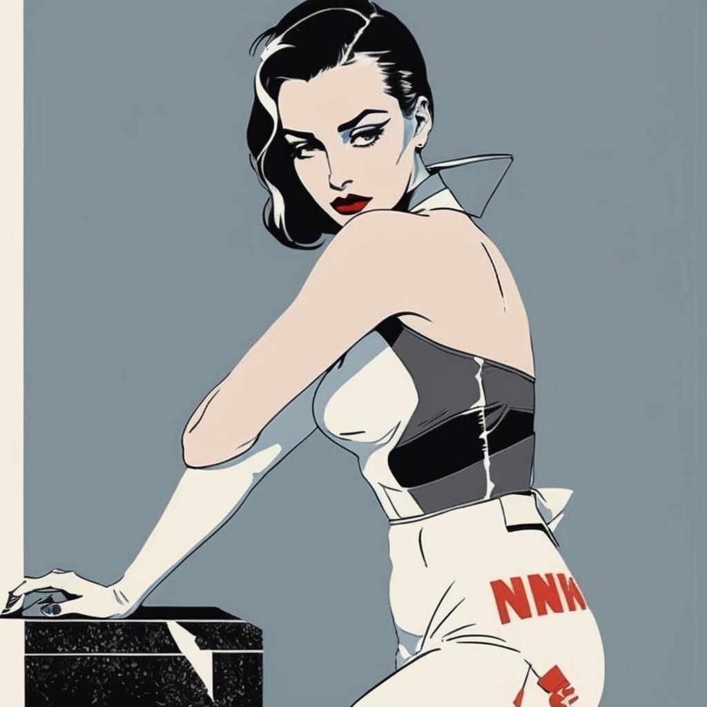 Monochrome Bauhaus Drawing: Woman Gazing at Night Sky