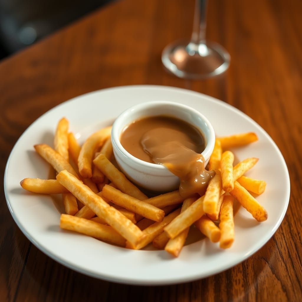 French Fries and Gravy on White Plate