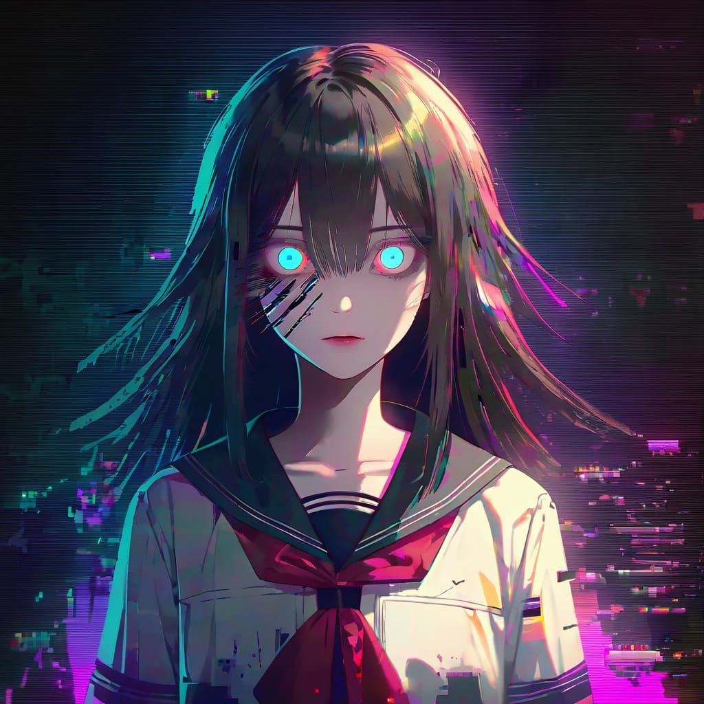 Manga Girl in Dark Neon Landscape