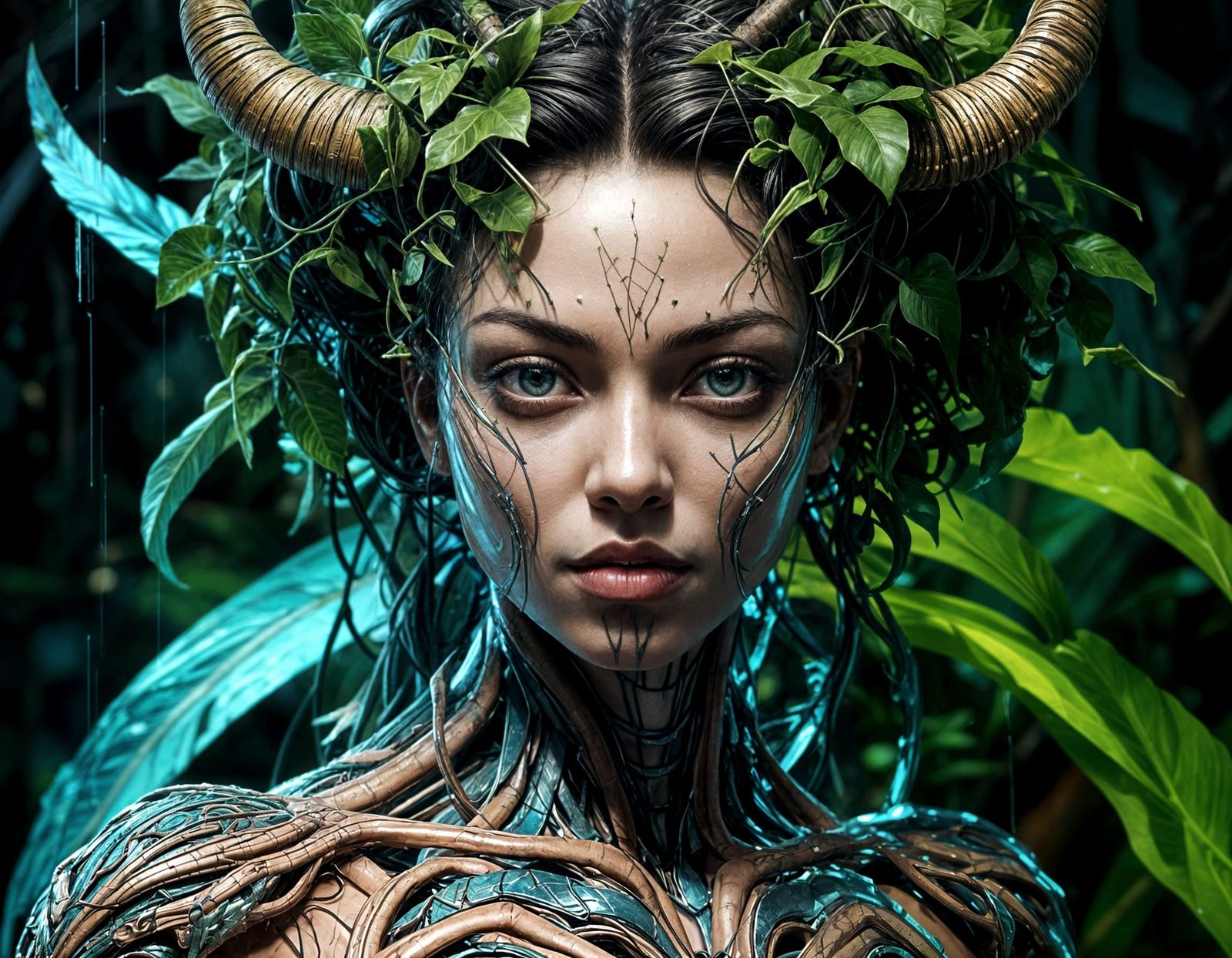 Biomechanical Rainforest Goddess in Glitch Art Style