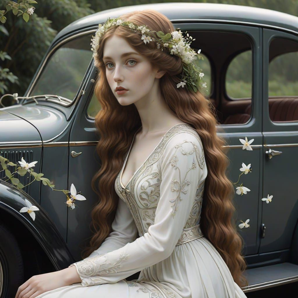 Goddess and Vintage Car in Charcoal Sketch Style