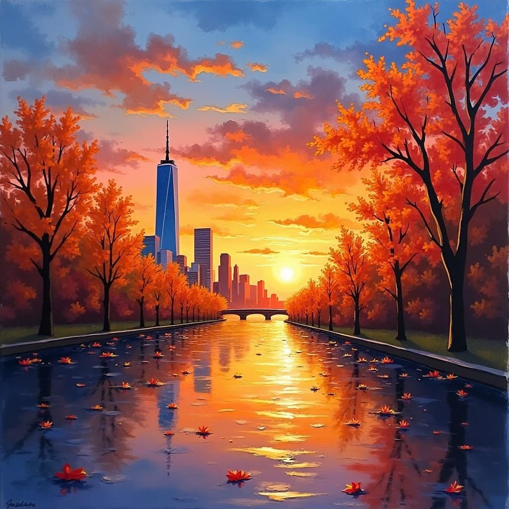 Autumn Sunset at World Trade Center as Impasto Painting