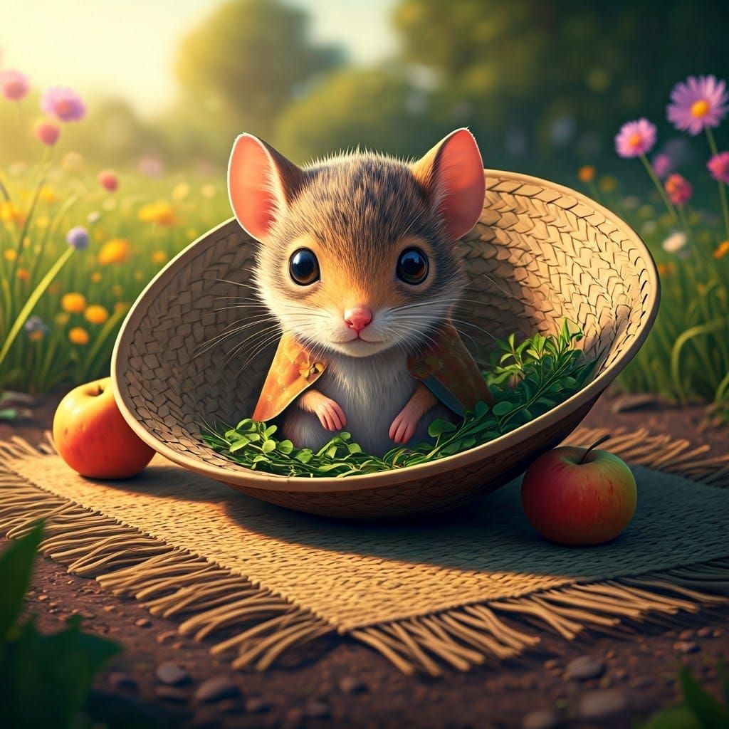 Mouse in Straw Hat in Anime Style