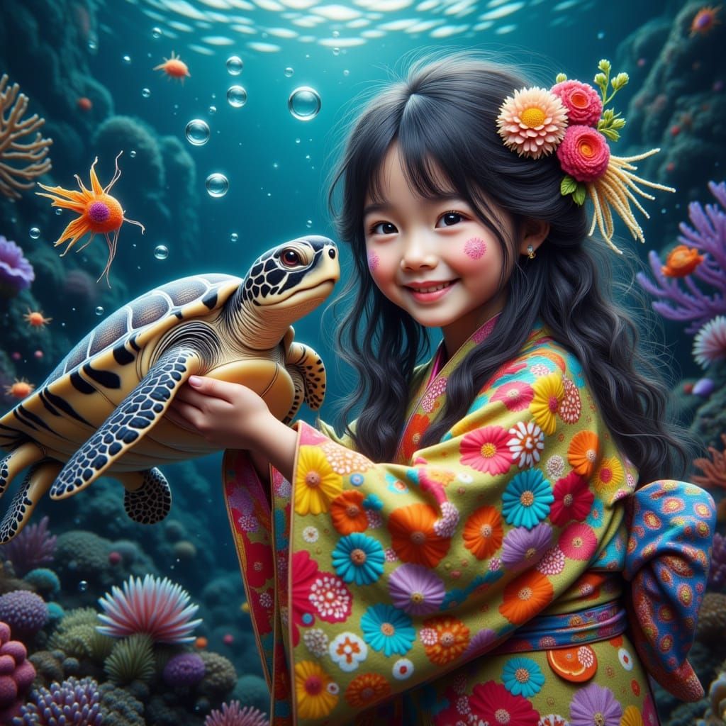 Young Girl Plays With Sea Turtle in Coral Reef