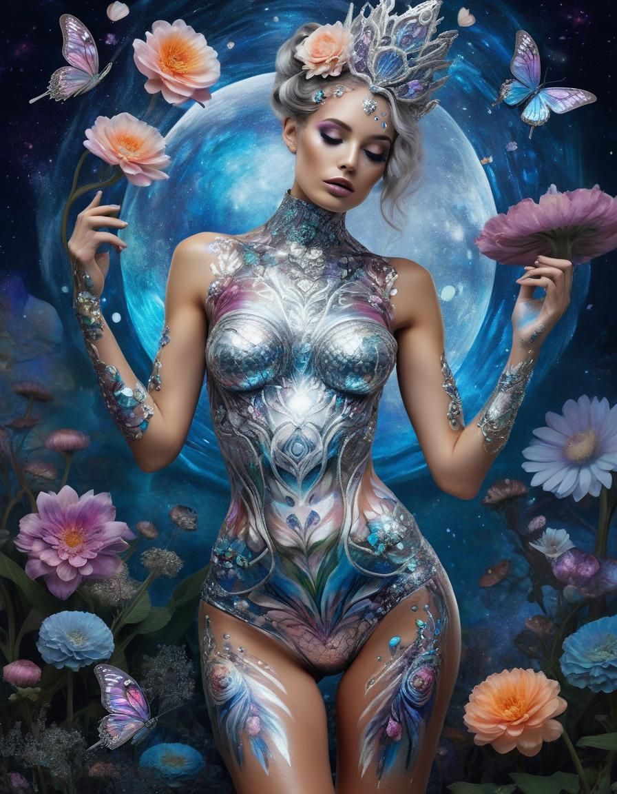 Silver Princess with Floral Body Paint: Digital Art