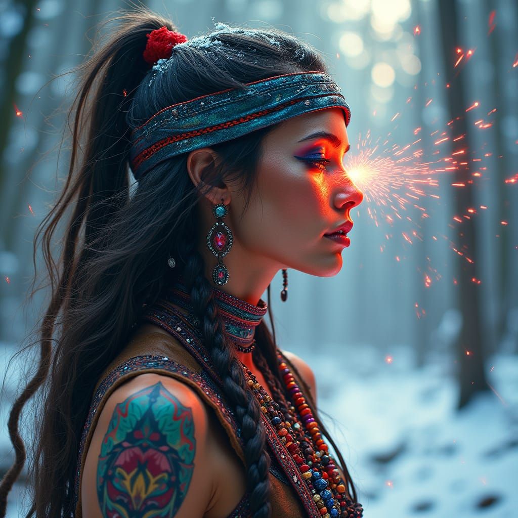 Vibrant Shamaness in Snowy Fantasy Realm