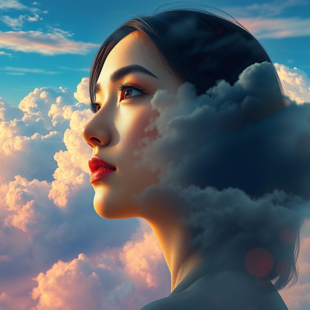 Woman's Profile in Cityscape of Digital Clouds