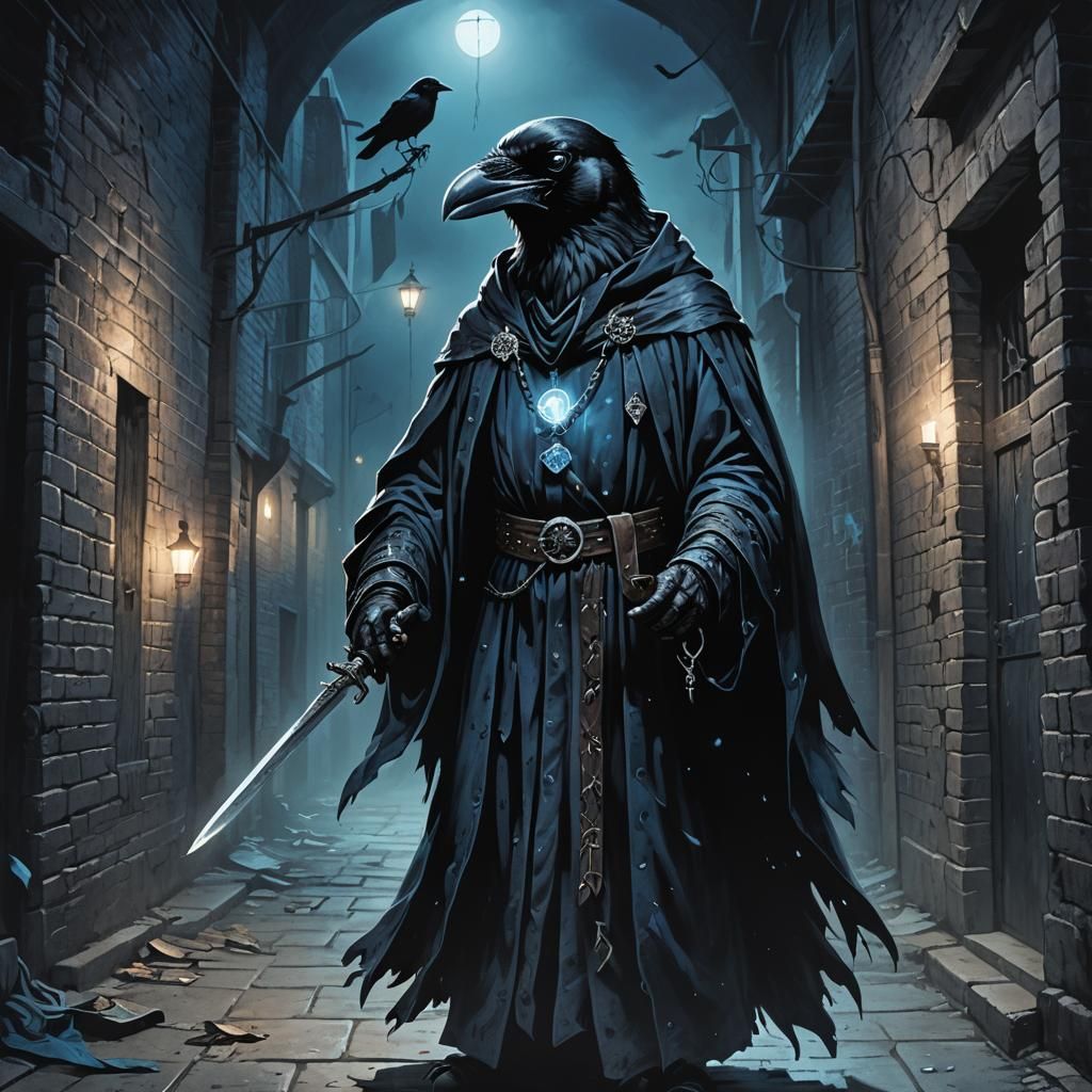 Crow Wizard in Dark Alley: Dark Fantasy Illustration
