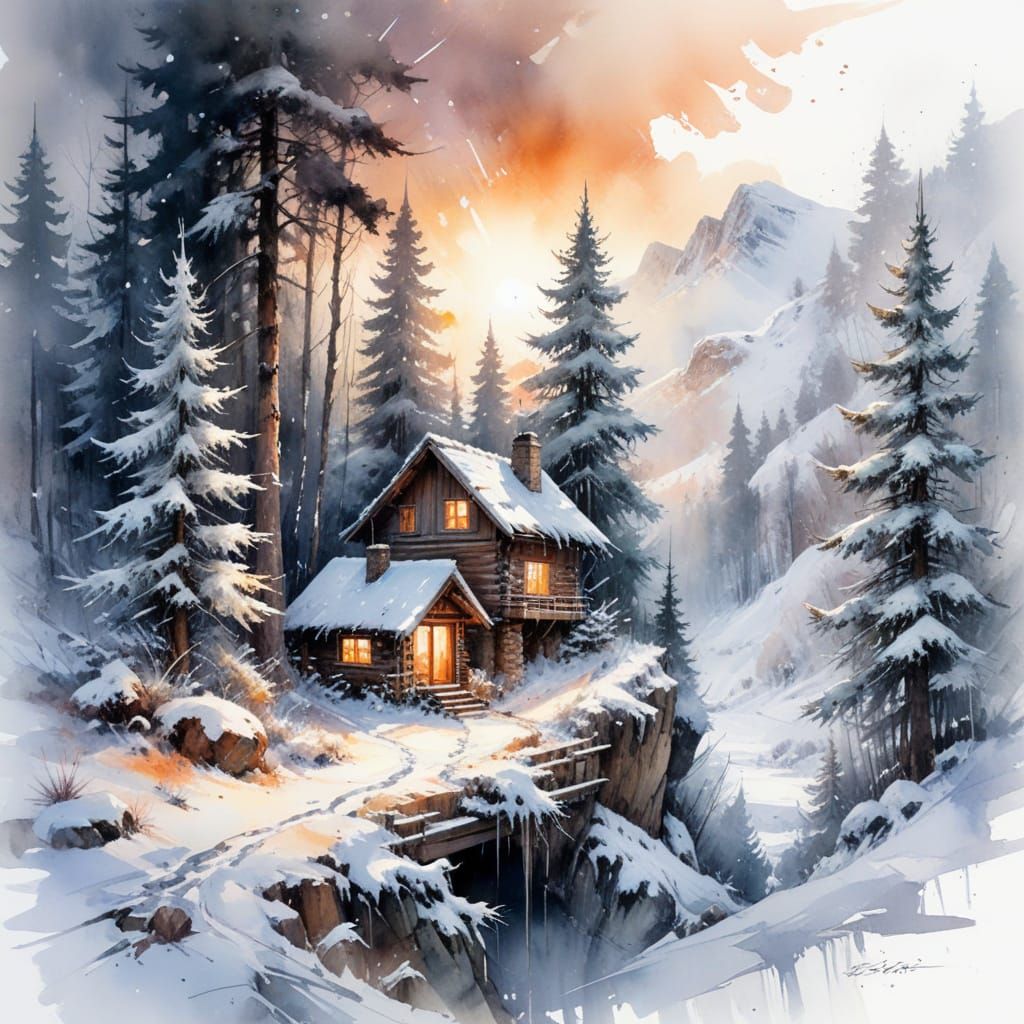 Winter Cabin Landscape in Watercolor Style