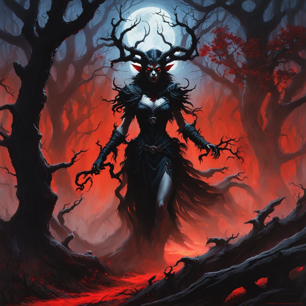 Dark Fantasy Demon Witch in Frazetta-Style Painting