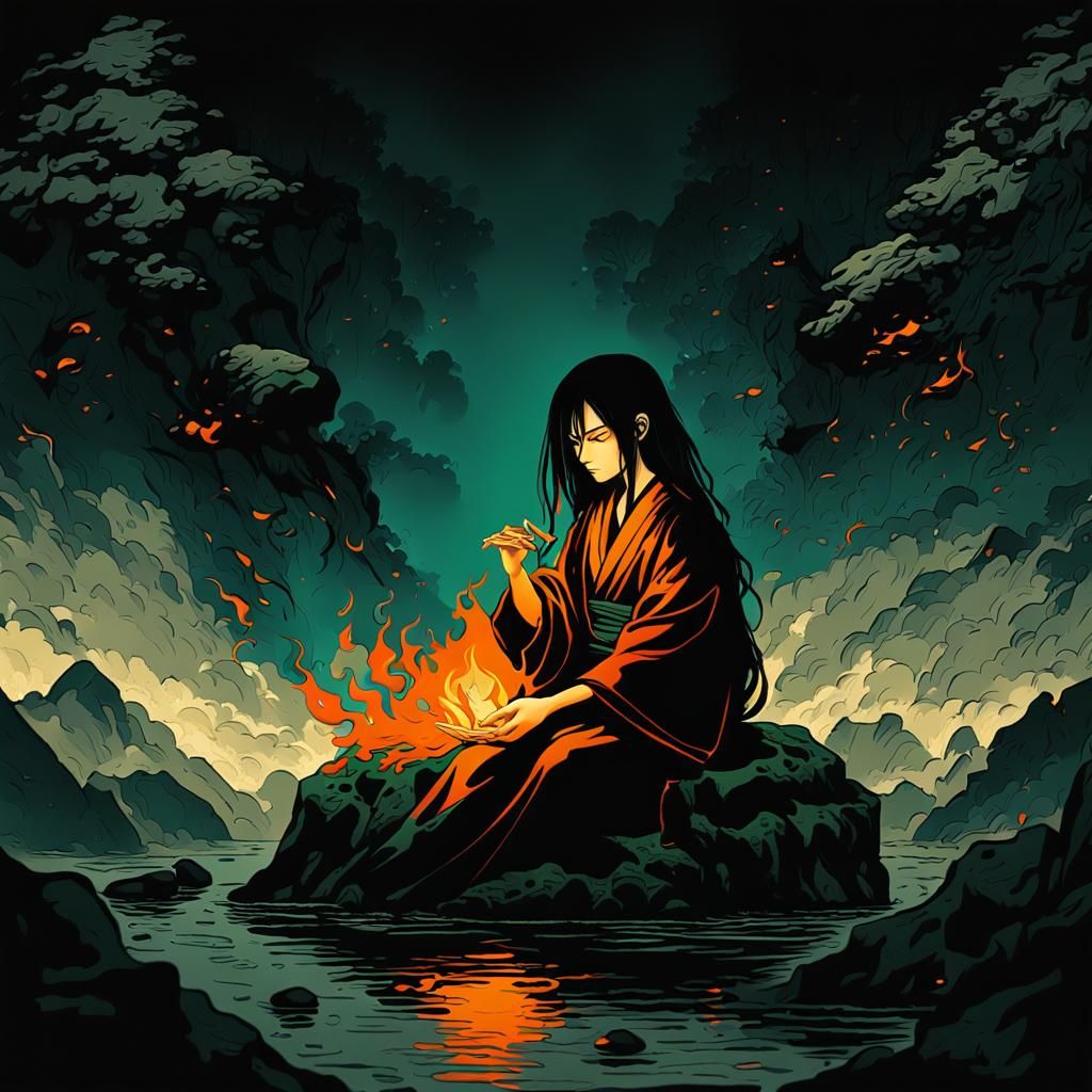 Anime Girl with Flame in Japanese Manga Style