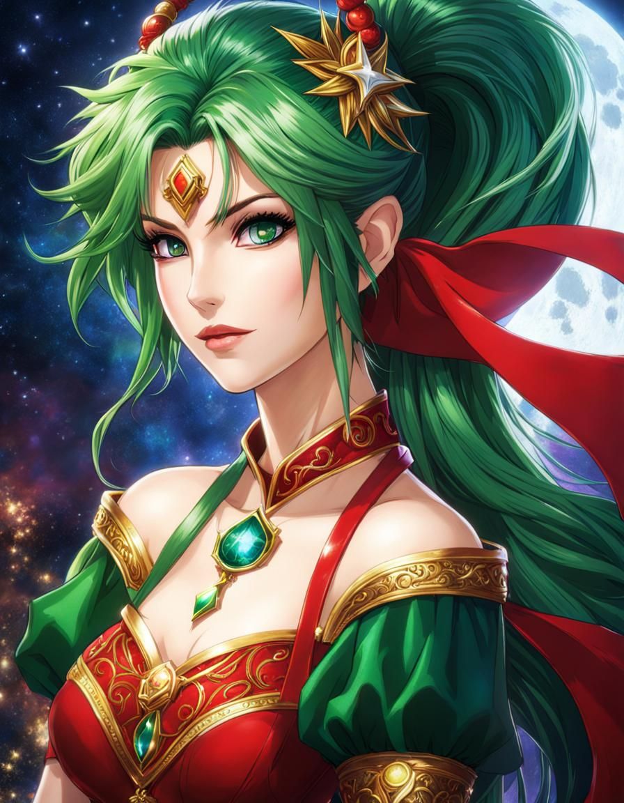 Green-Haired Sorceress Portrait with Magic
