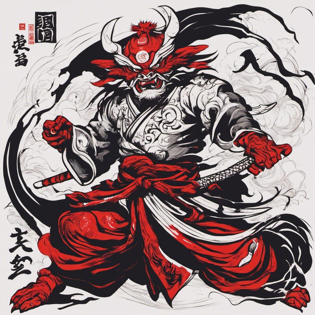 Tengu Oni Warrior in Battle with Samurai