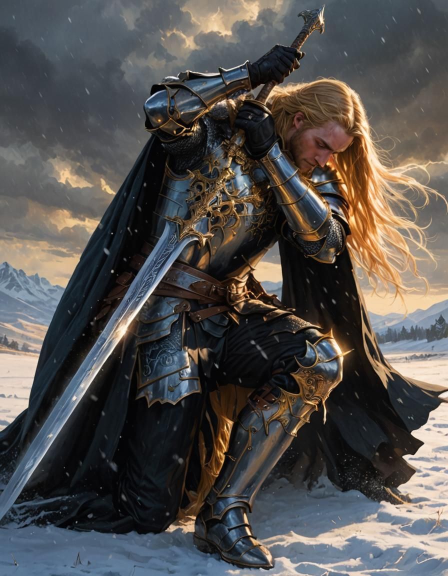 Kneeling Knight in Snowy Field: Dark Fantasy Art