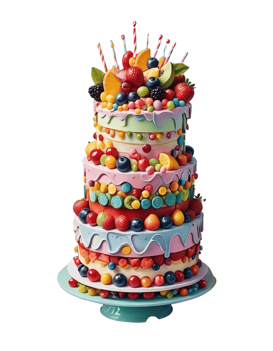 Colorful Fruit Birthday Cake in Candy Art Style
