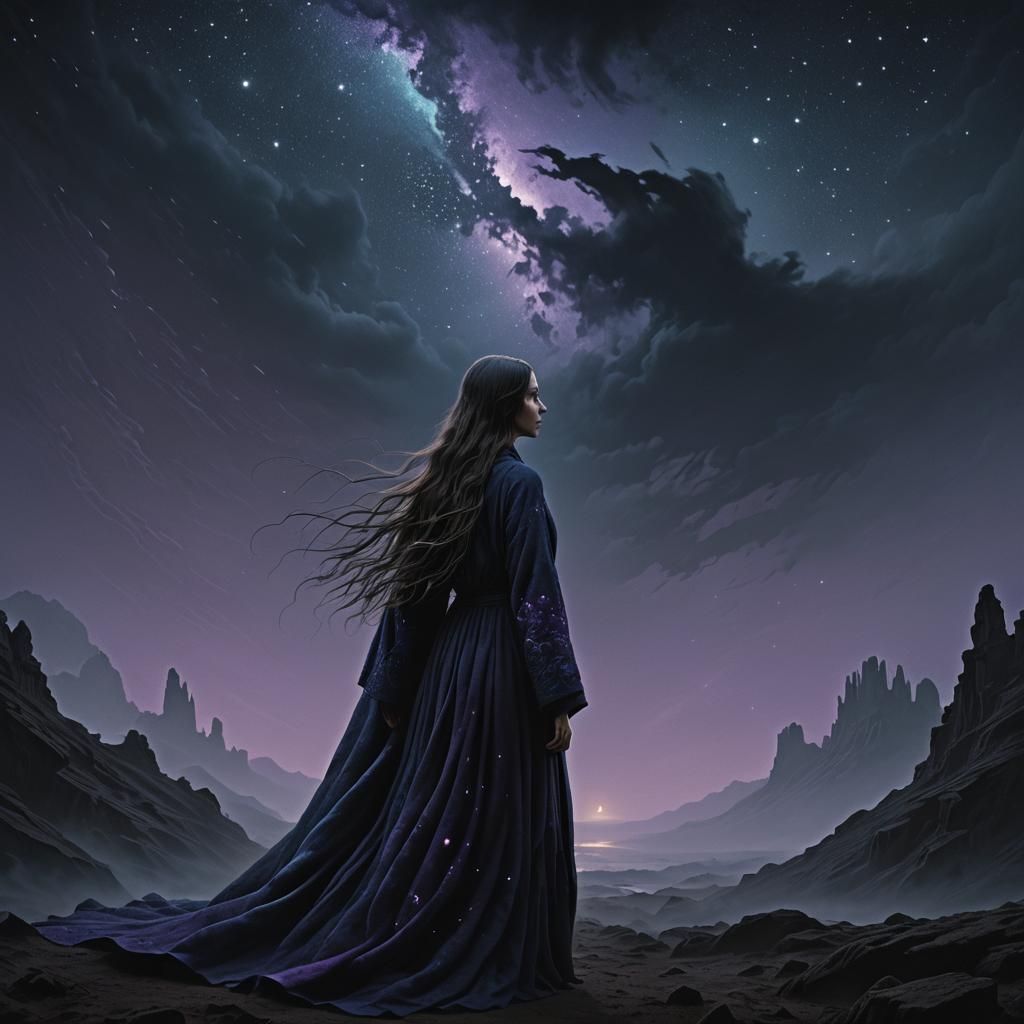 Dark Fantasy Woman in Starry Void: Digital Painting
