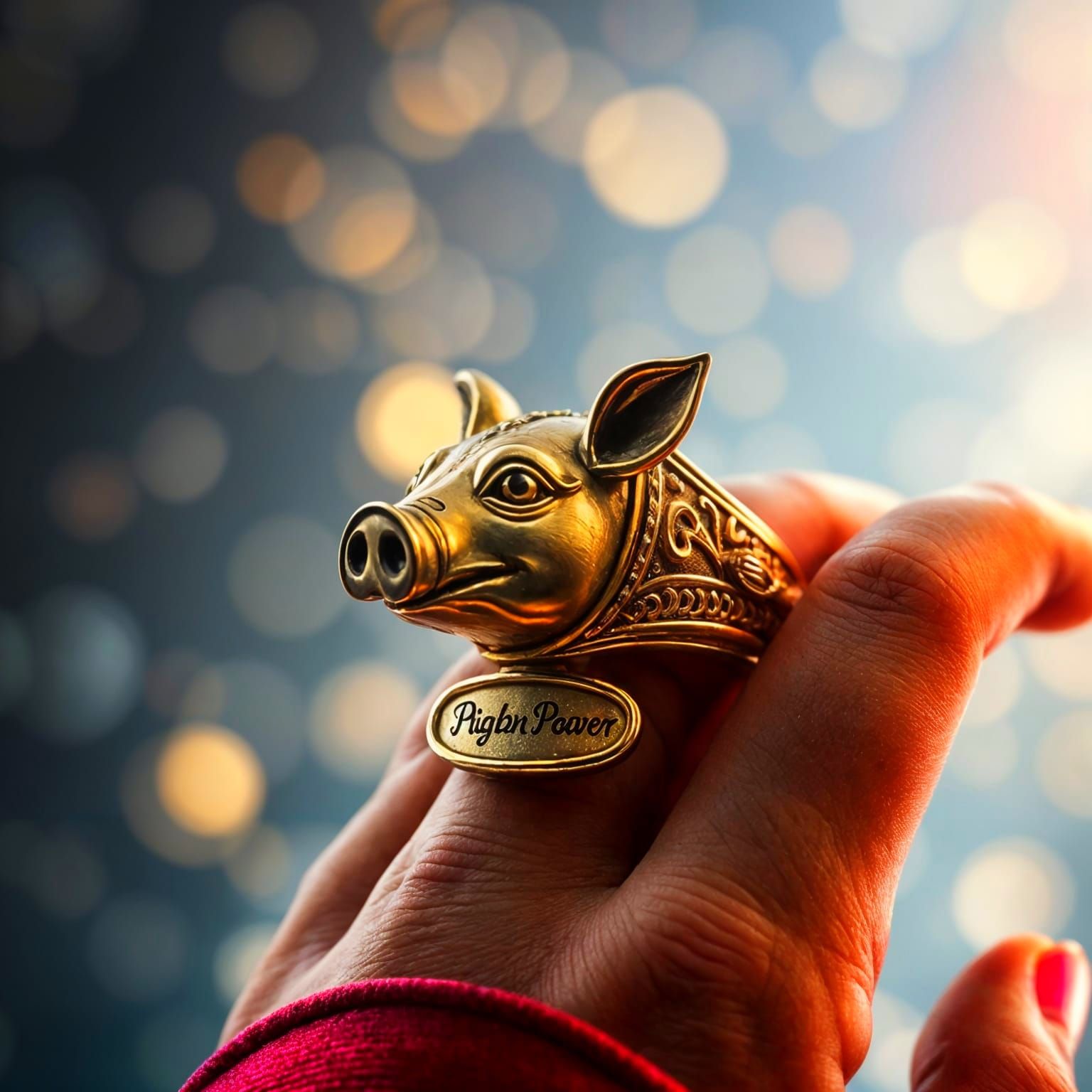 Ornate Piglin Ring on Regal Hand, Dreamy Digital Art