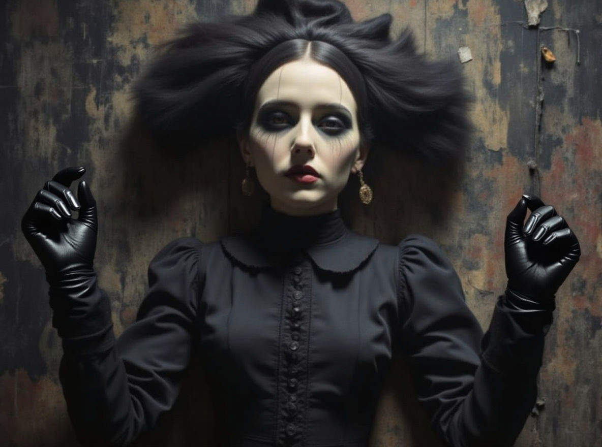 Gothic Girl in Ornate Frame, Dark Atmospheric Collage