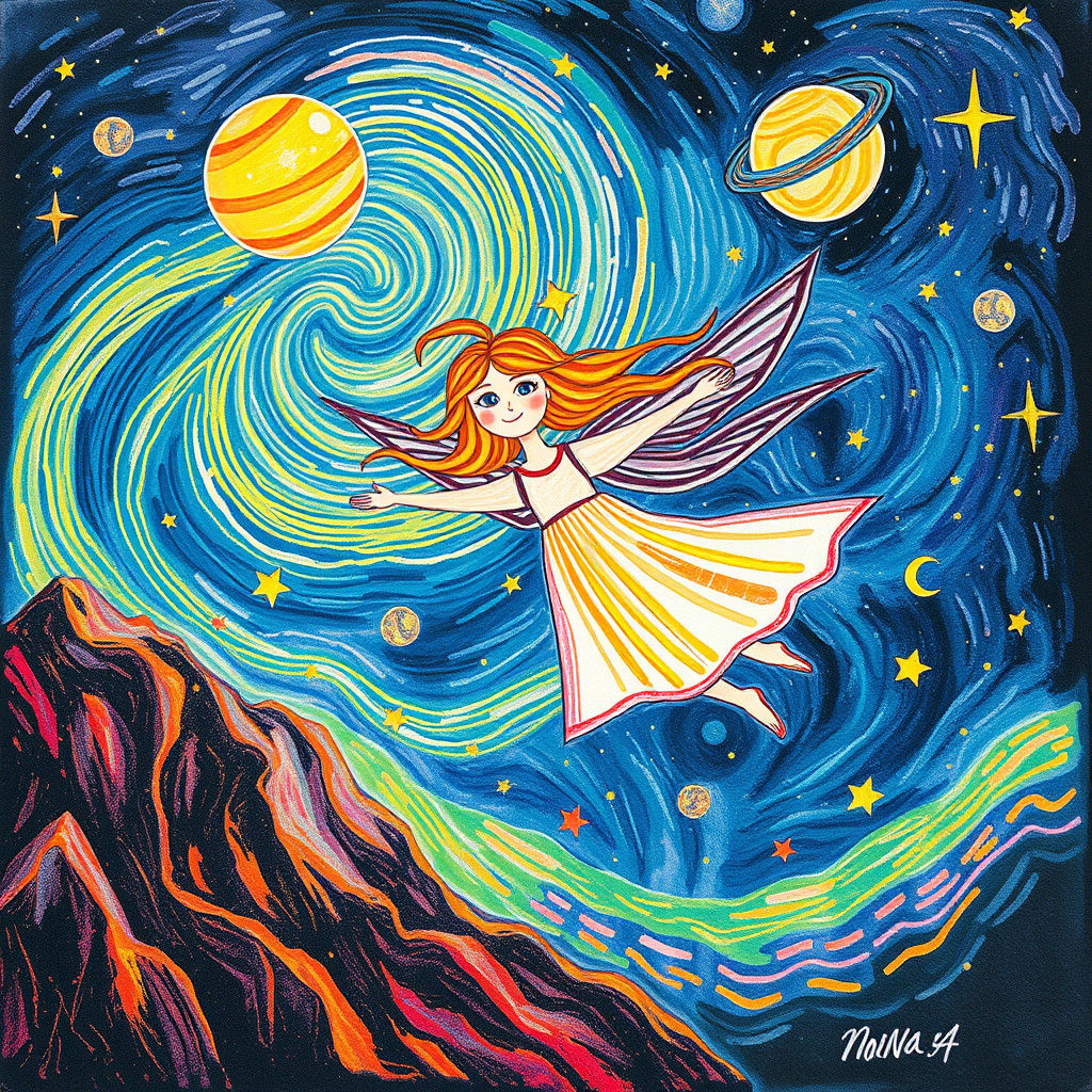 Crayon Goddess Soaring Through Starry Galaxy