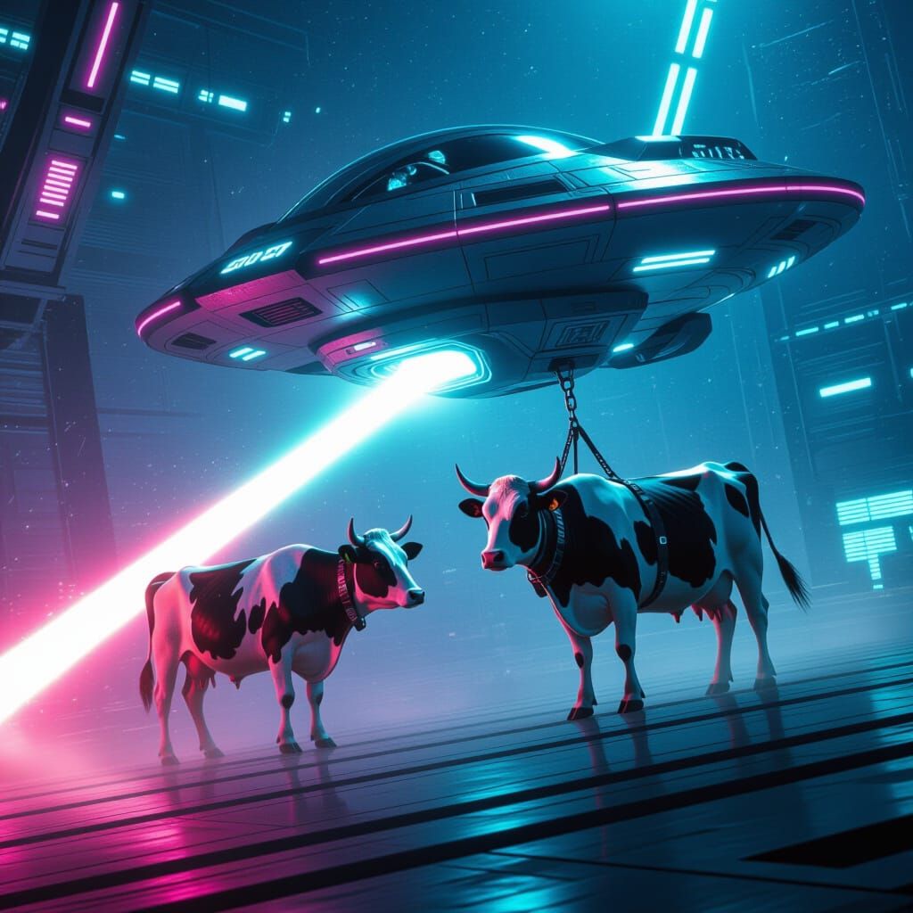 Cow Abduction by Aliens in Sleek Spaceship