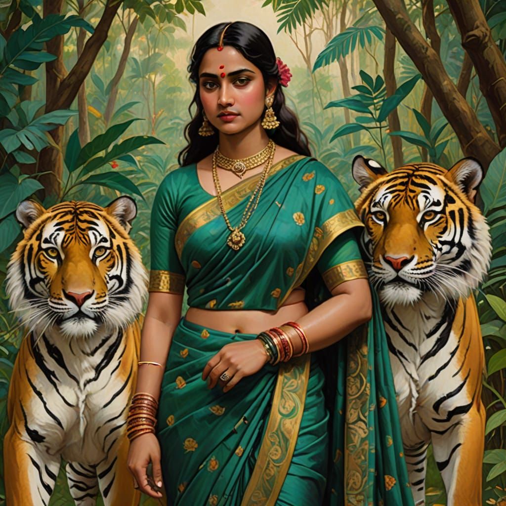 Confident Indian Goddess in Emerald Jungle