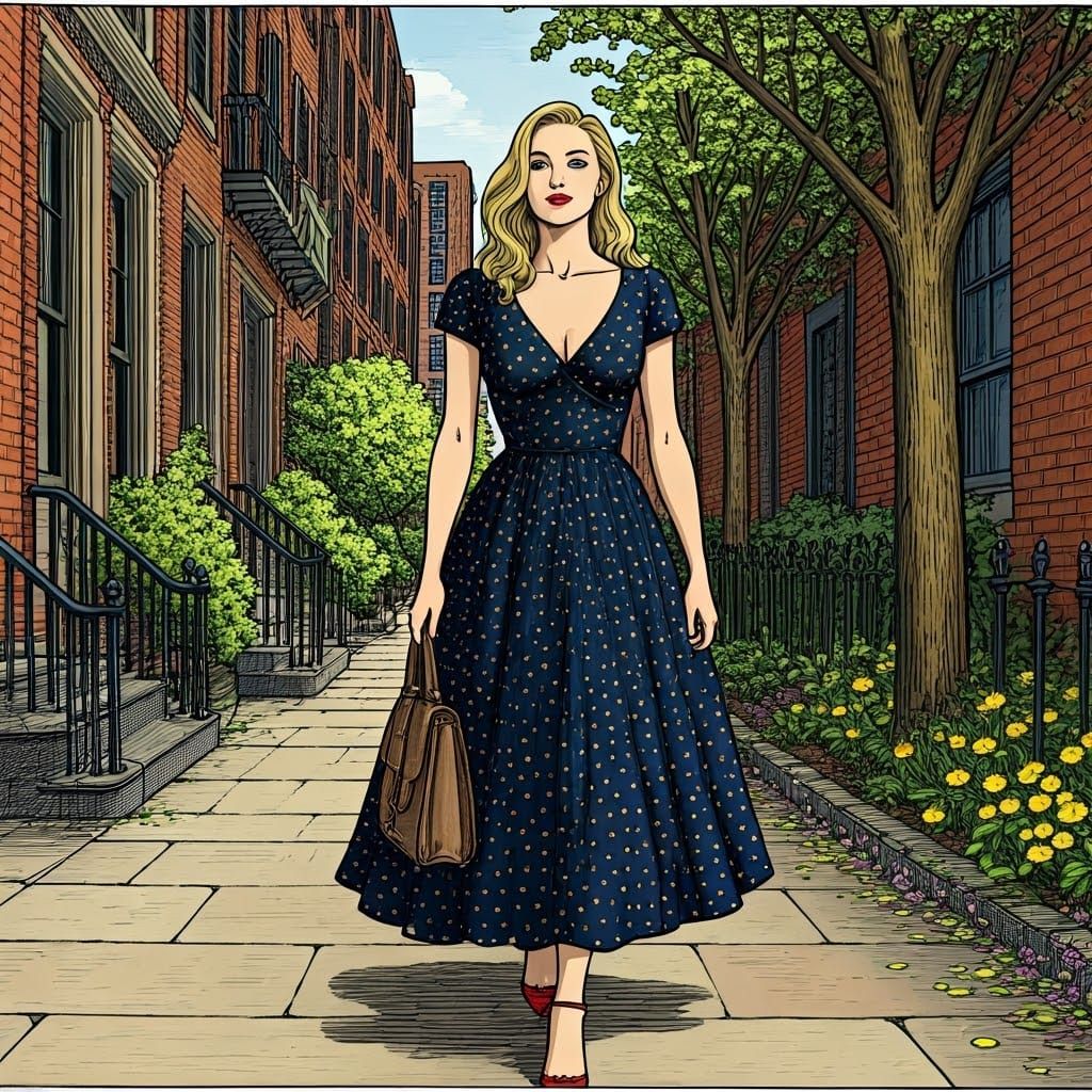 Woman in Polka Dots, Ink Drawing Style