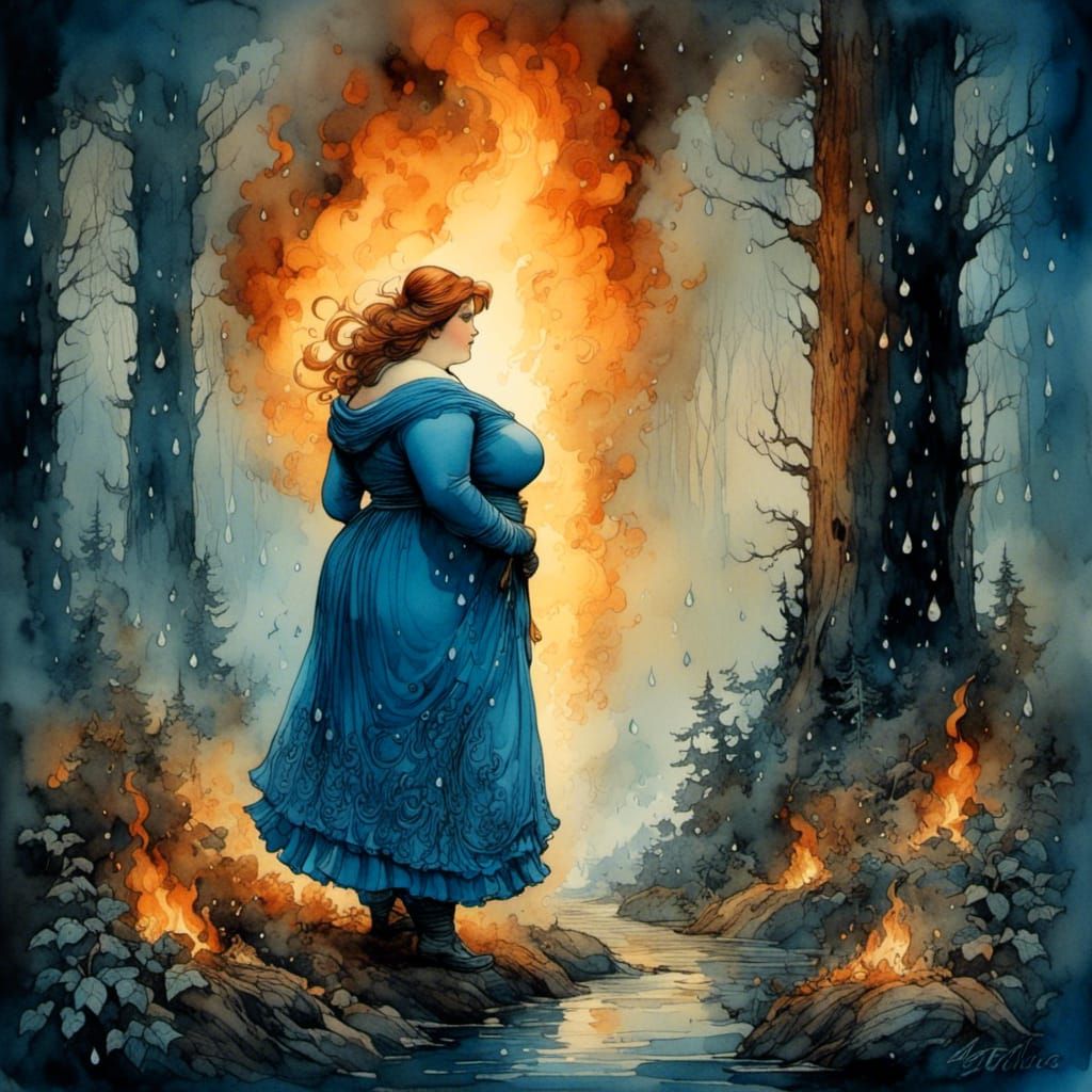 Charming Sadness: Woman Embodies Rain and Fire