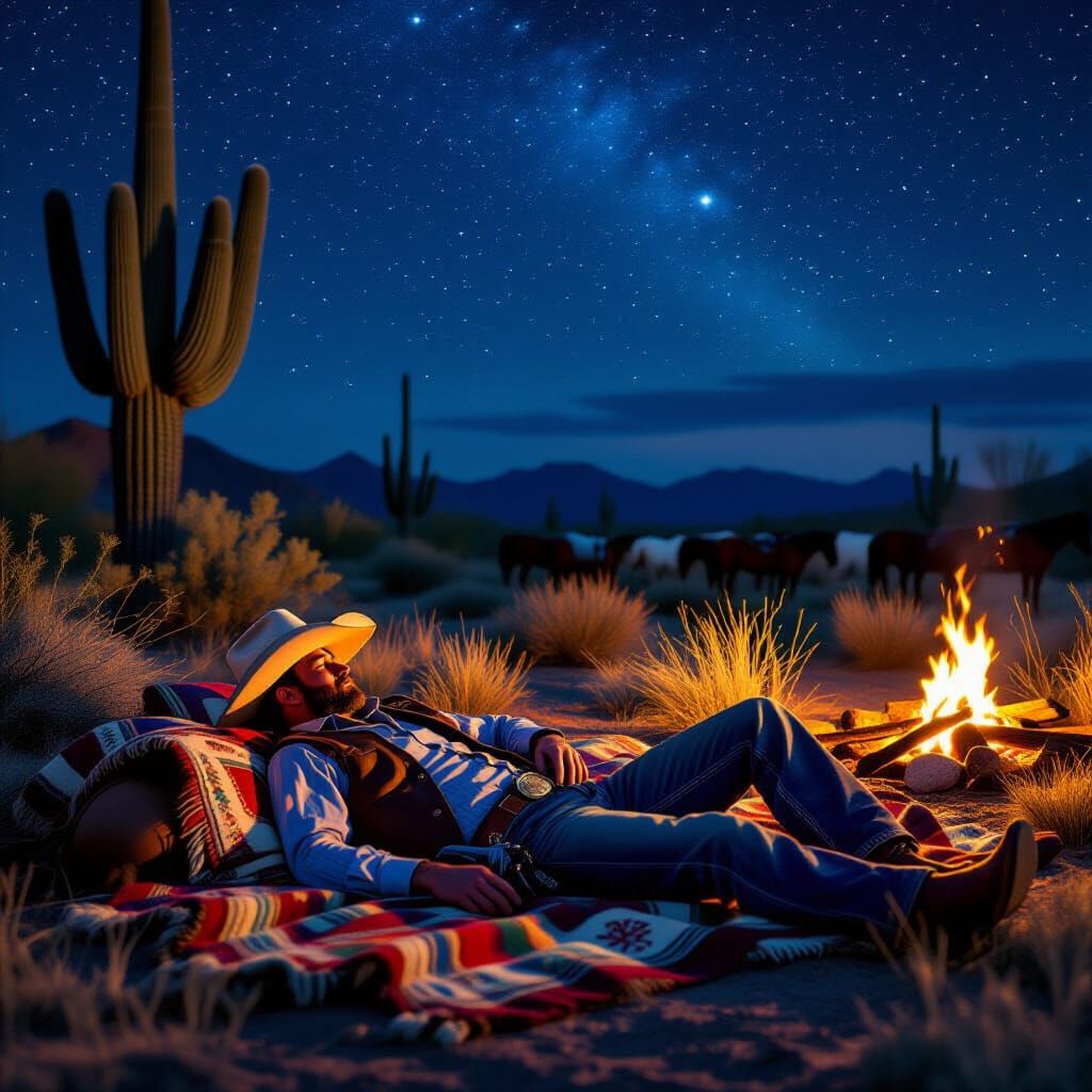Tired Cowboy Rests by Desert Fire Under Starry Night