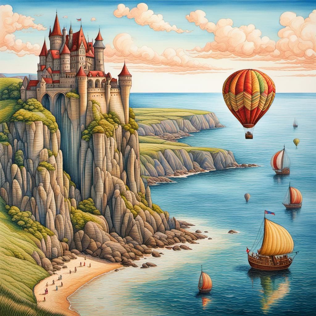Steampunk Hot Air Balloon Over French Cliffs in Maximalism