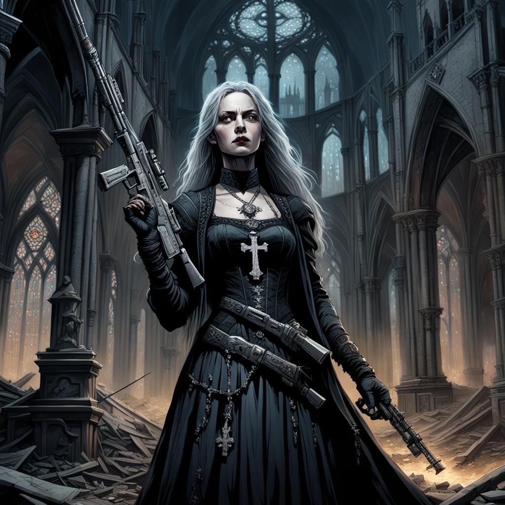 Gothic Lady with Sniper Rifle in Dark Fantasy Illustration
