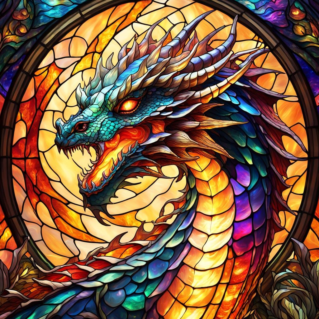 Stained Glass Dragon Breathing Fire in Fantasy Landscape