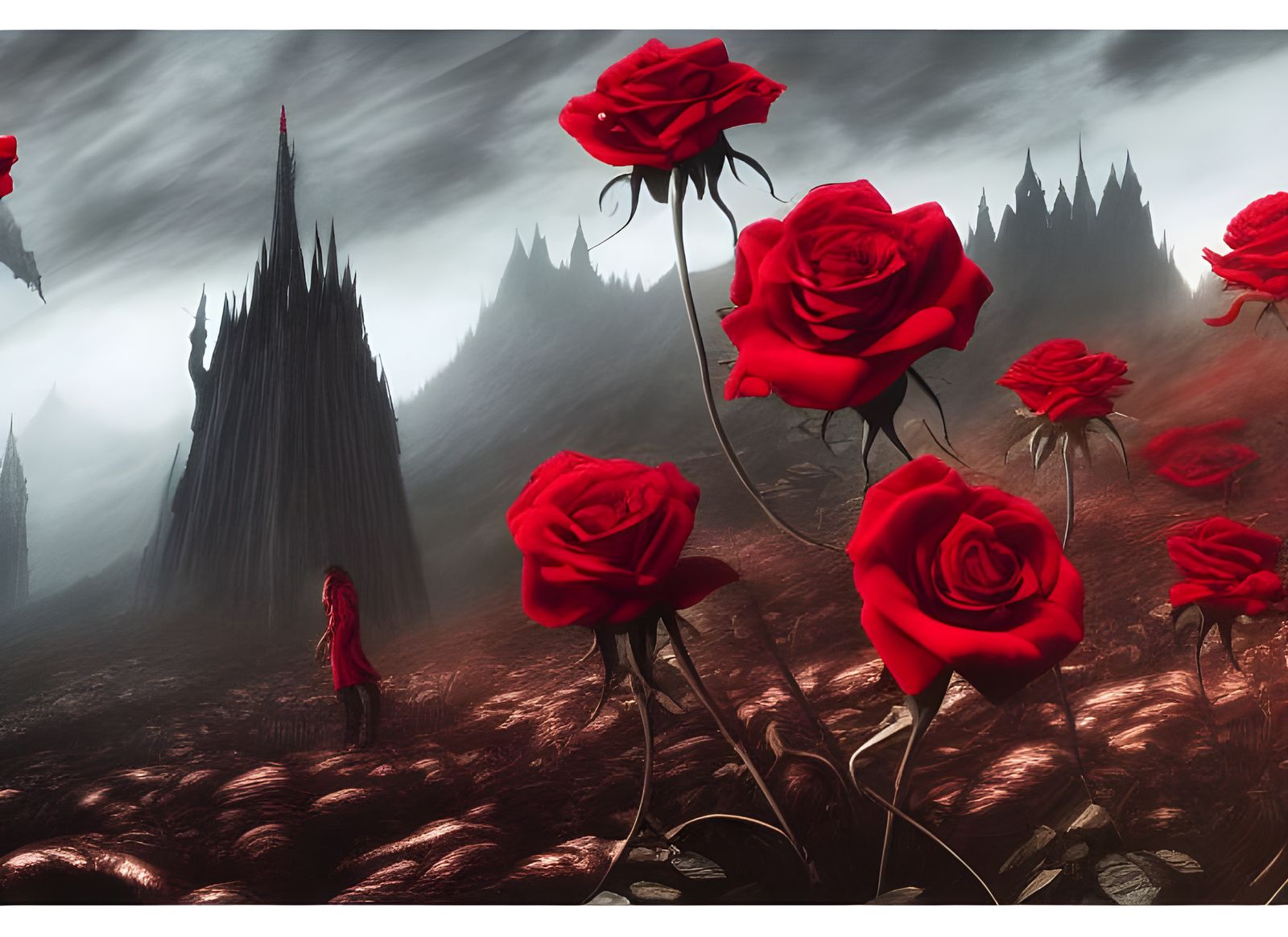 Red Rose and Dark Tower in Surreal Style