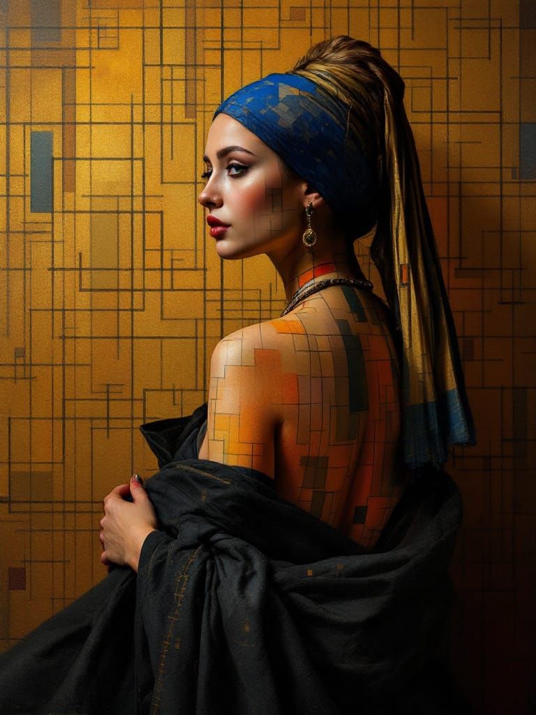 Renaissance Woman Merges with Geometric Wall Art