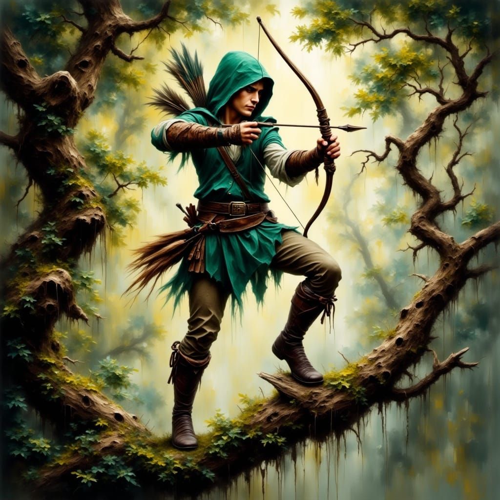 Robin Hood Aims Bow on Mossy Branch in Fantasy Forest