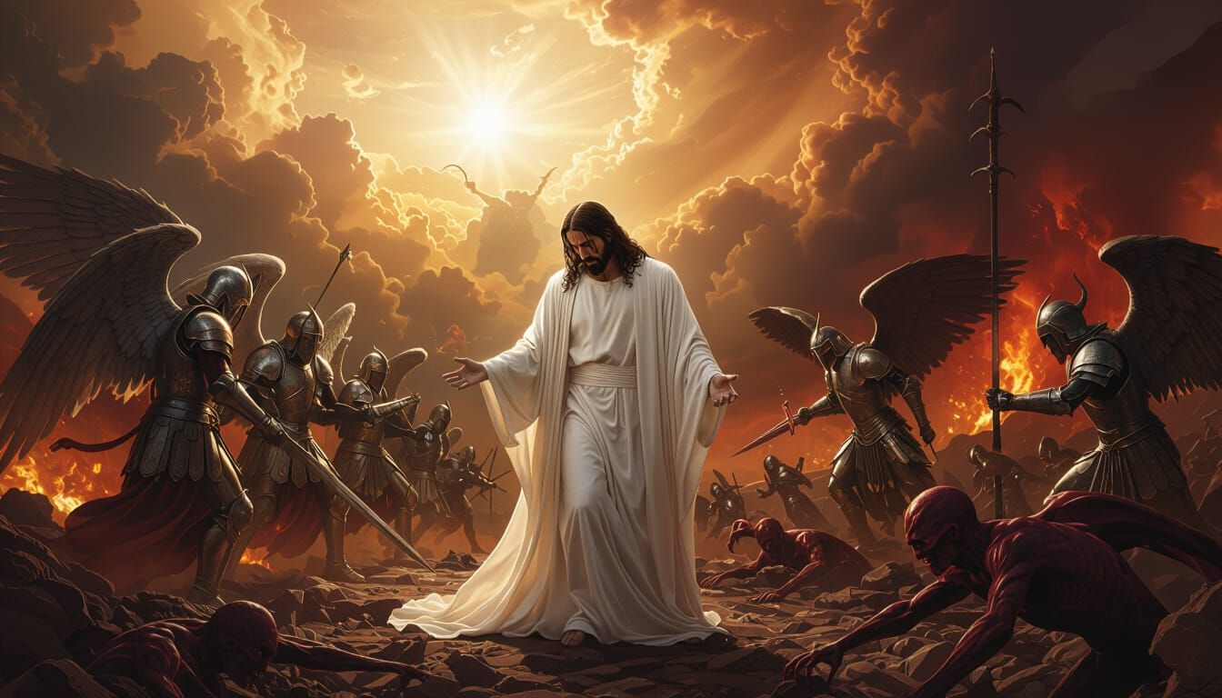 Jesus Weeping Amidst Angelic Battle in Apocalyptic Landscape