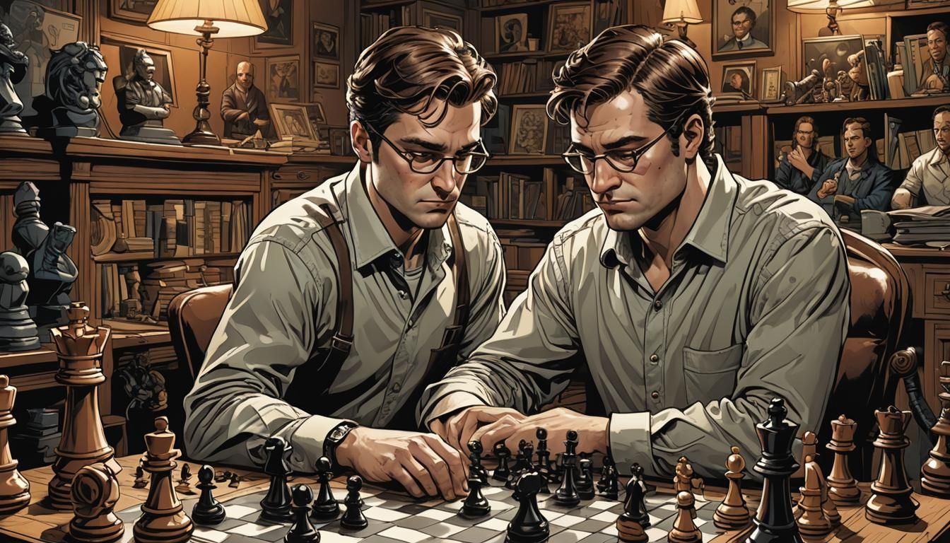 Man Plays Chess on PC: Comic Book Art