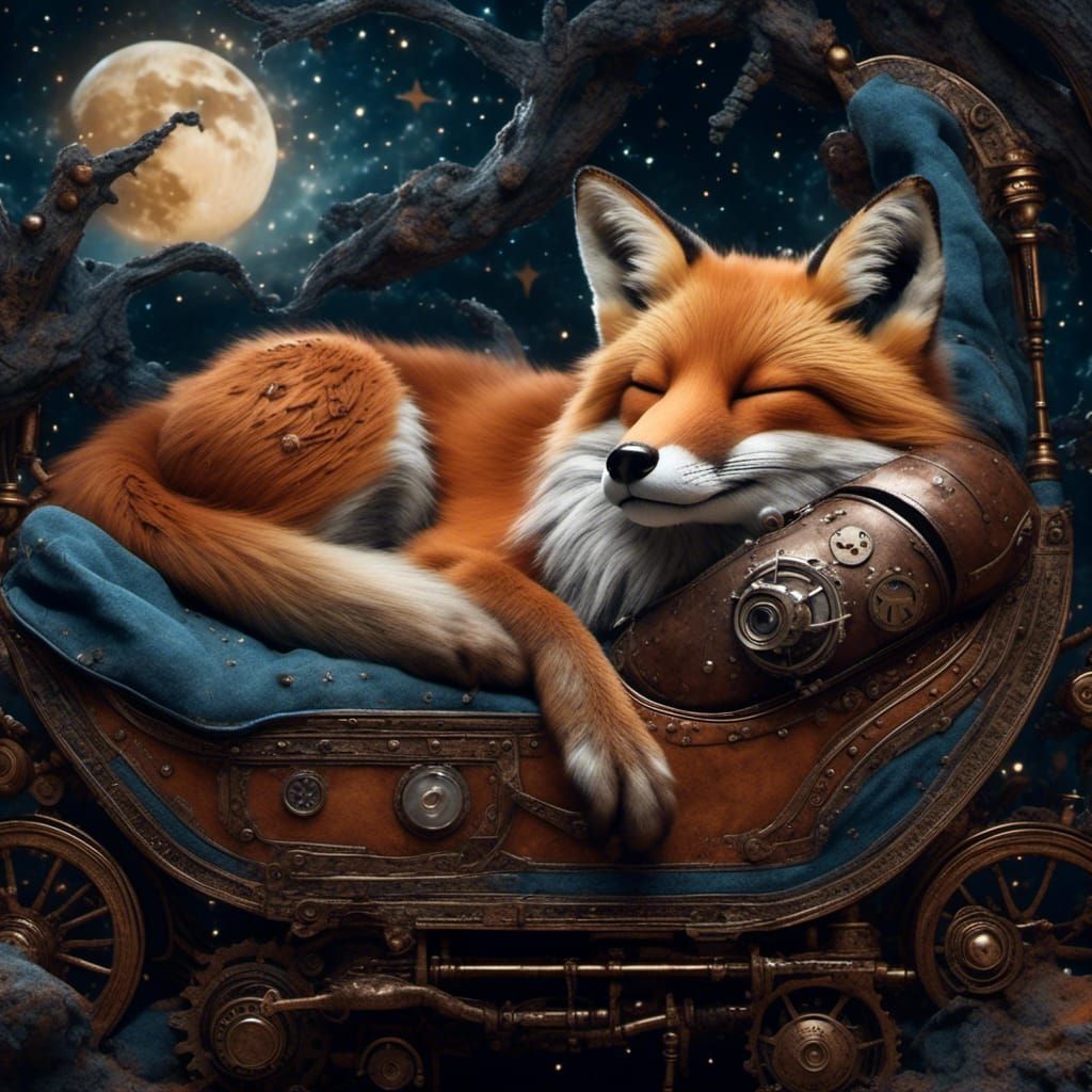 Steampunk Mechanical Fox Asleep Under Starry Sky