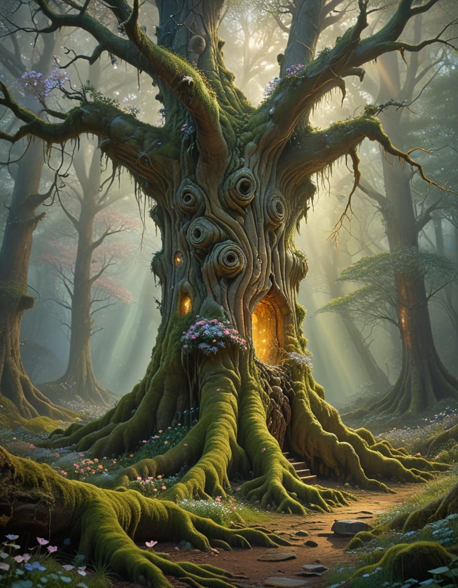 Enchanted Forest Hollow Tree with Moss and Silver Light