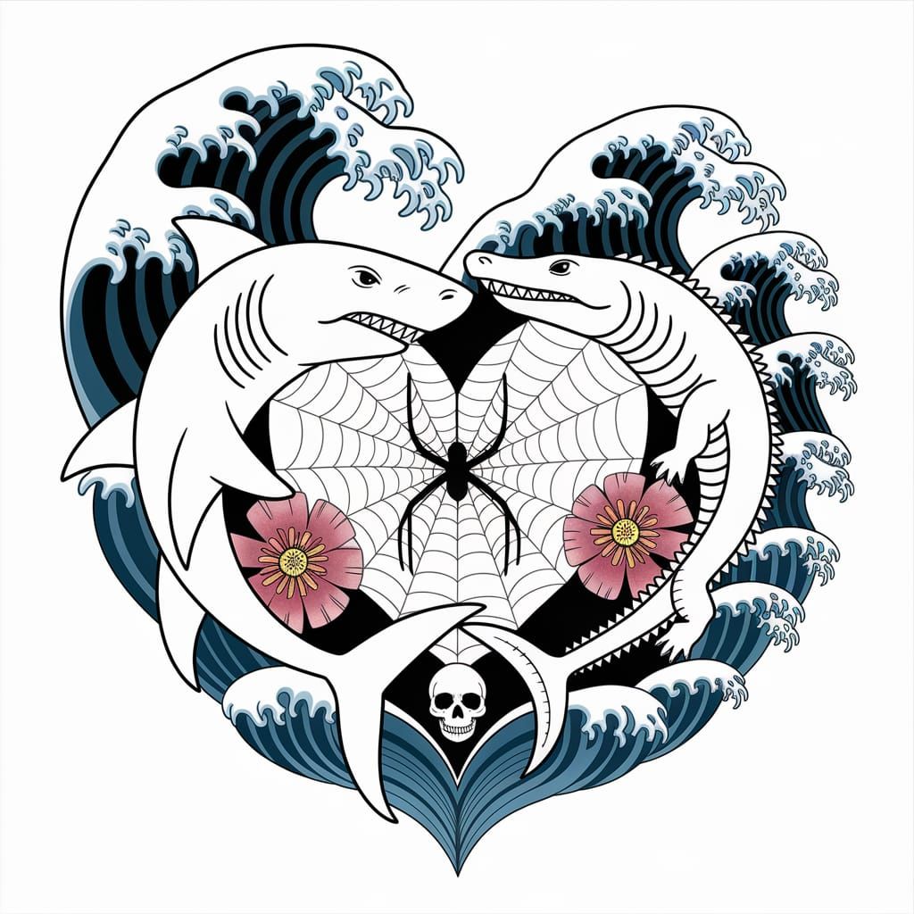 Shark and Alligator Heart Tattoo with Japanese Waves