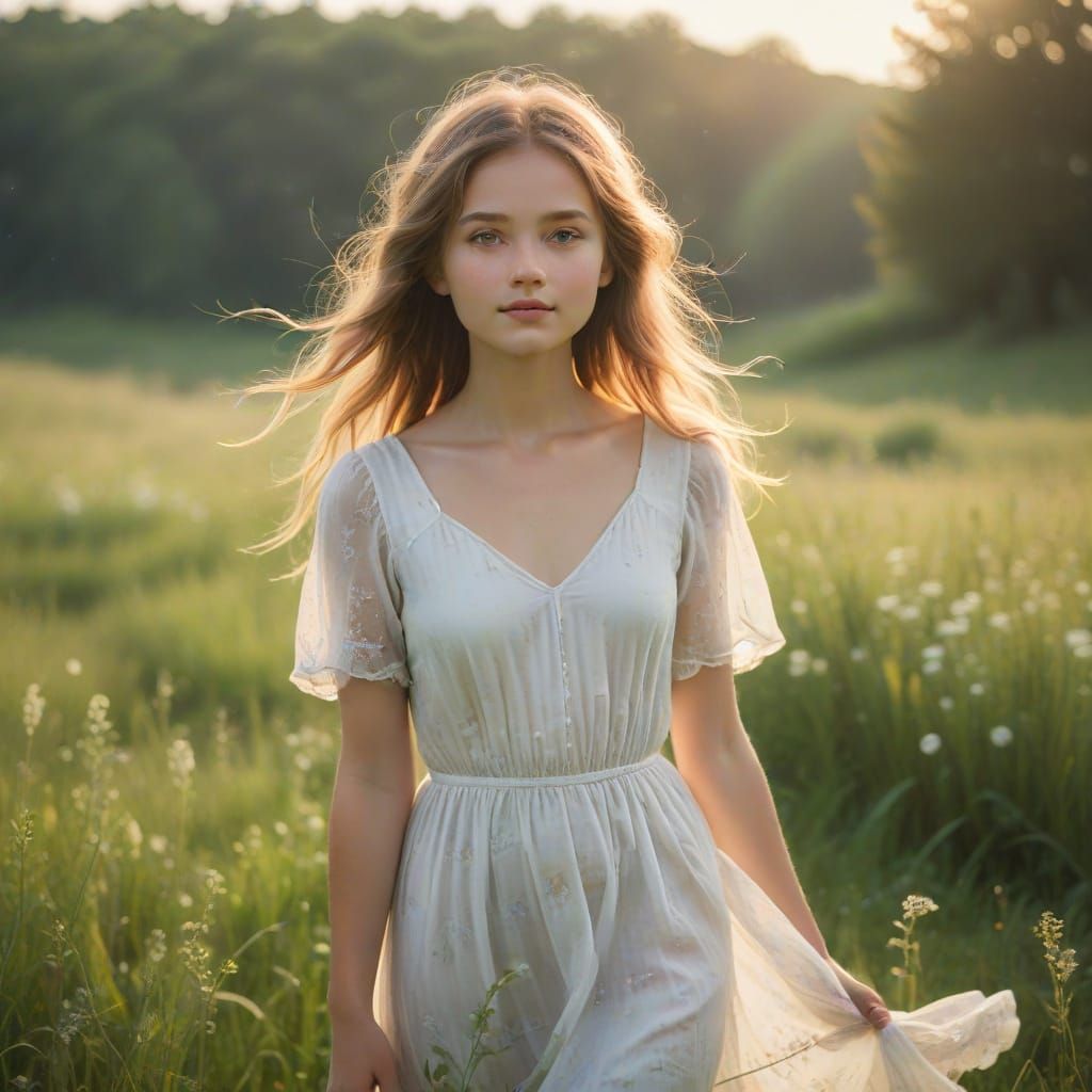 Whimsical Watercolor Girl in Lush Meadow