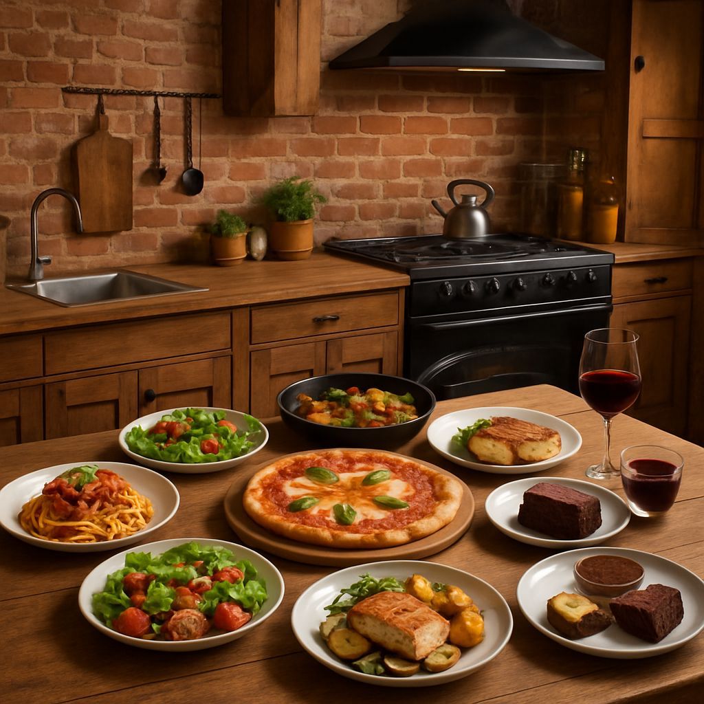 Cozy Rustic Kitchen Scene with Hearty Italian Dishes