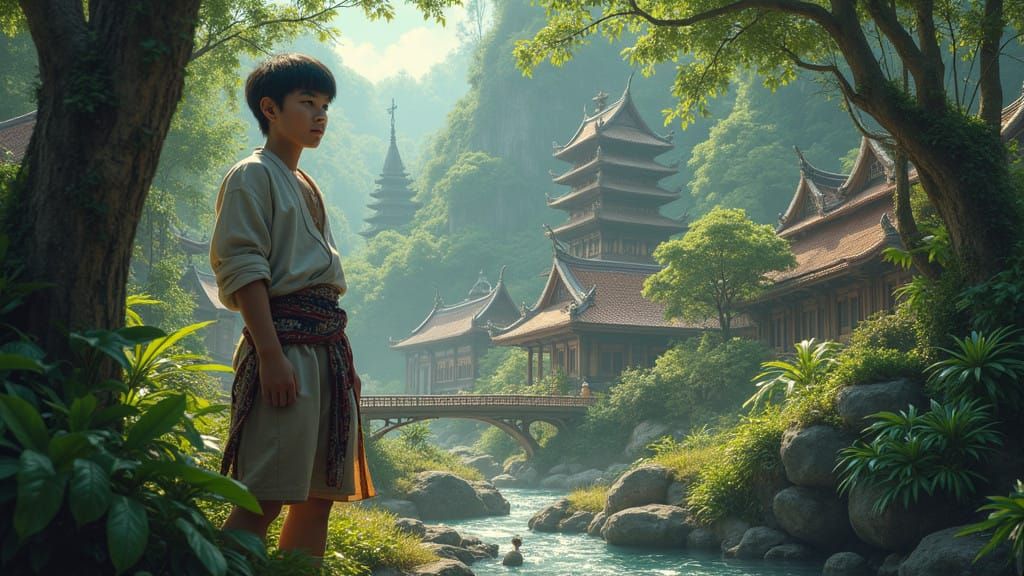 Mysterious Thai Village Boy in Traditional Attire