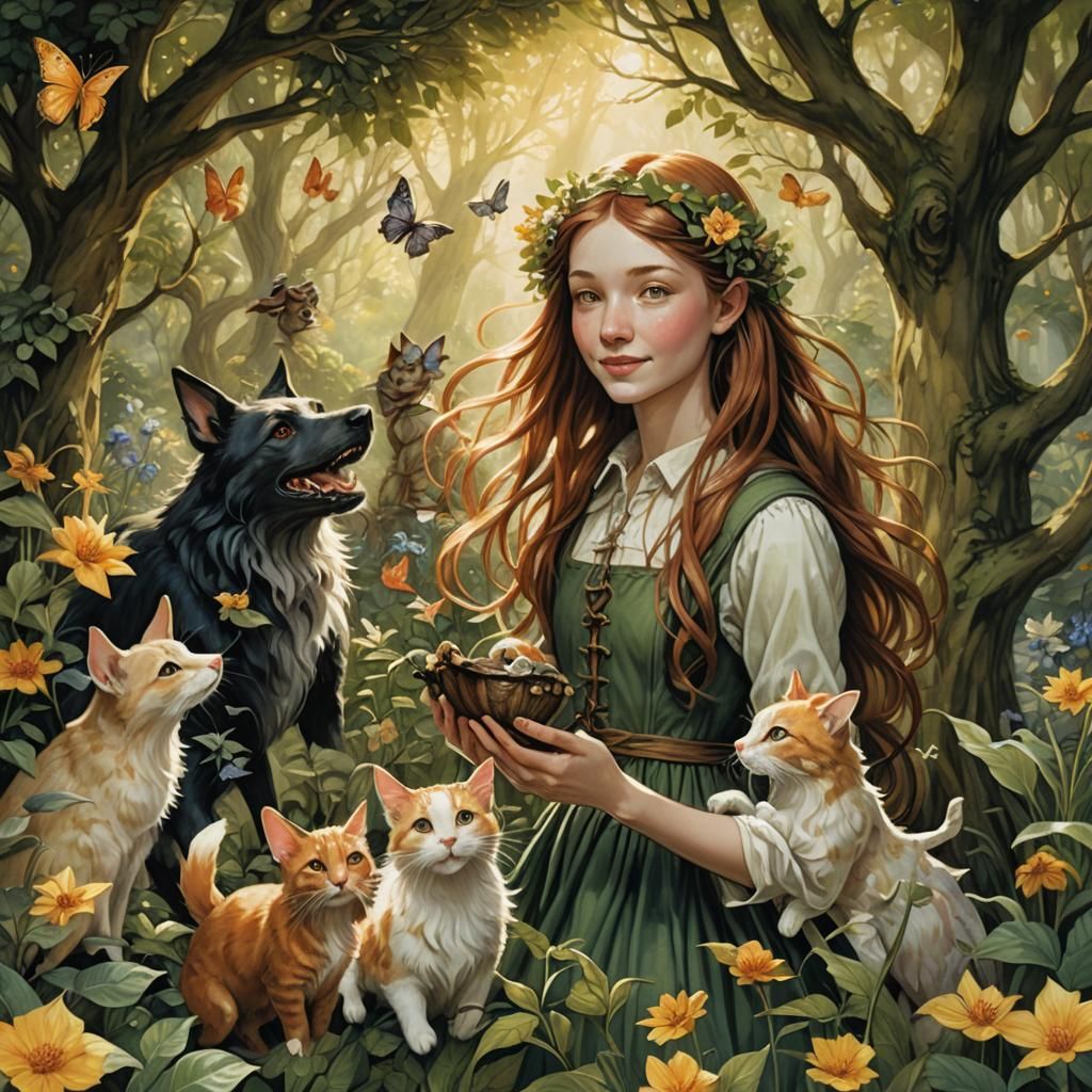 Girl and Pets in Lush Garden: Fantasy Illustration