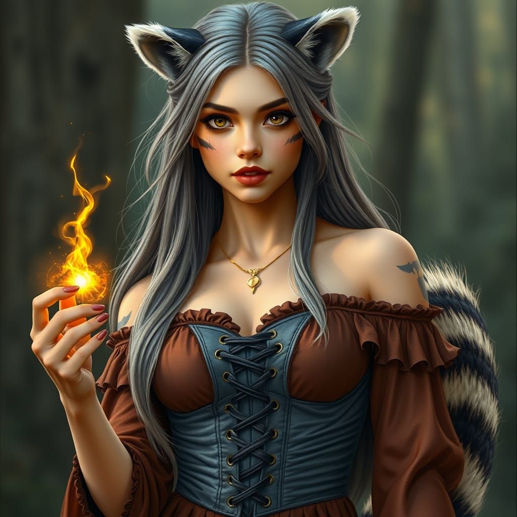 Raccoon Woman with Magic, in Art Nouveau Style