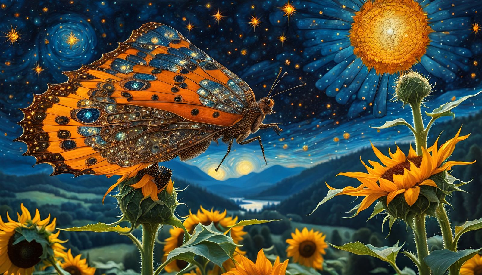 DMT Butterfly Pollinating Sunflowers in Hyperrealistic Style