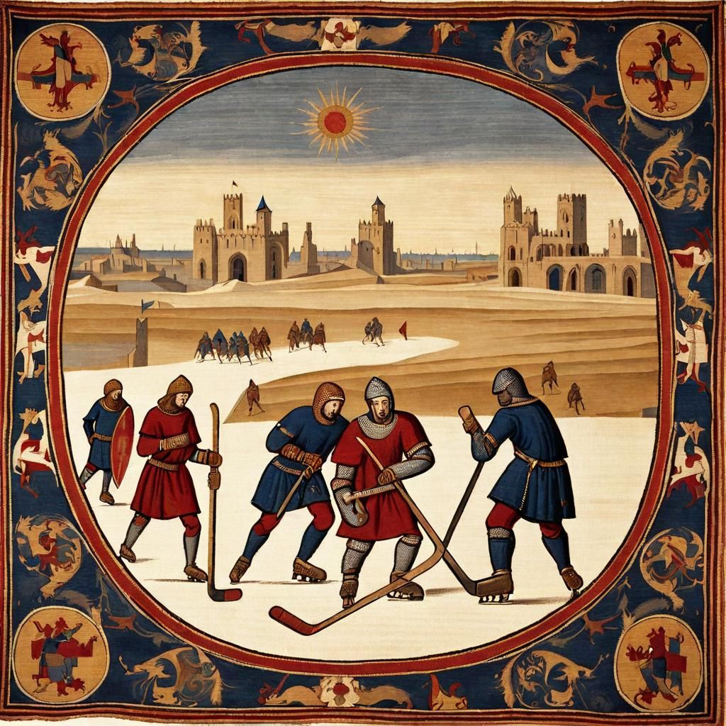 Crusaders Play Ice Hockey in Desert Tapestry