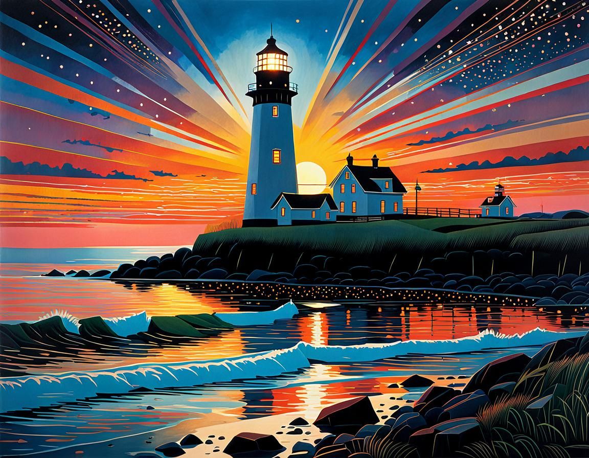 Lighthouse Sunset: Abstract Geometric Collage